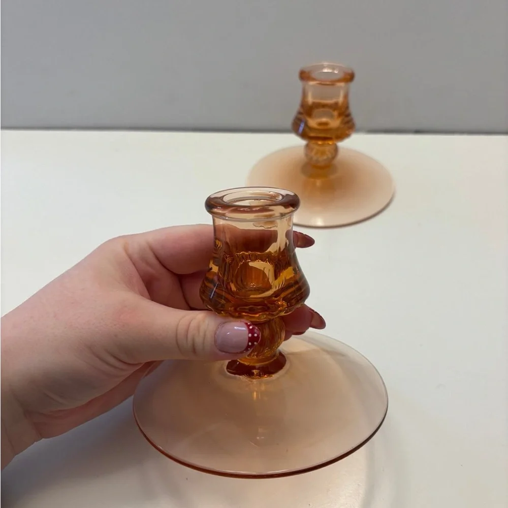Vintage Heisey Glass Co Flamingo Pink Candle Holders